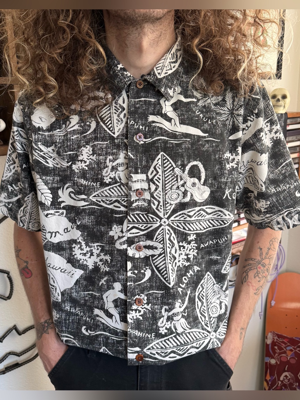 Vintage 80s 90s Hawaiian Tropical Floral Surfer S/S Button Down ~ Size Medium